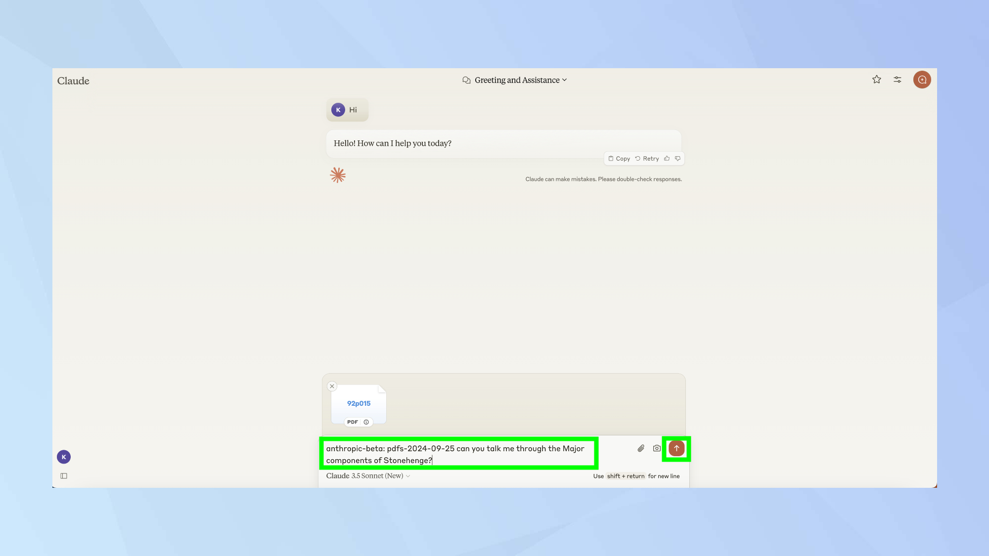 Claude's PDF prompt highlighted