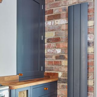 kitchen with blue vertical radiator