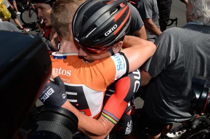 BMC teammates Rohan Dennis and Cadel Evans congratulate each other.
