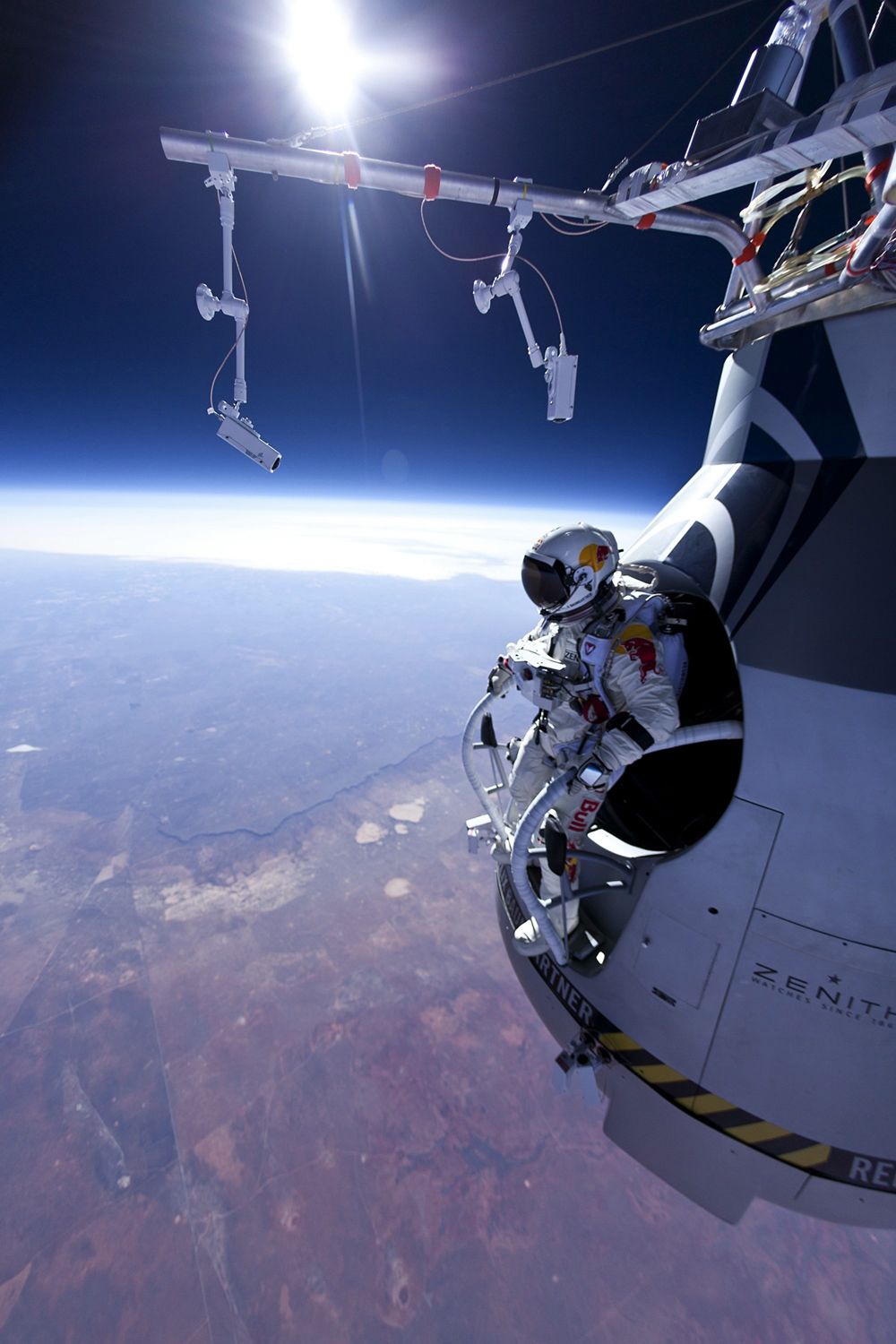 Austrian daredevil Felix Baumgartner gets set to leap from his capsule at an altitude of roughly 71,500 feet on March 15, 2012.