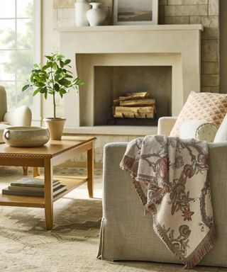 tapestry throw on a beige sofa with wooden coffee table and plant