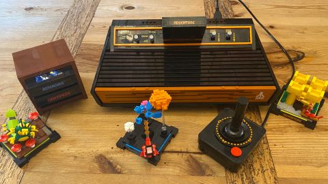 Fully-built Lego Atari 2600 set on a wooden table