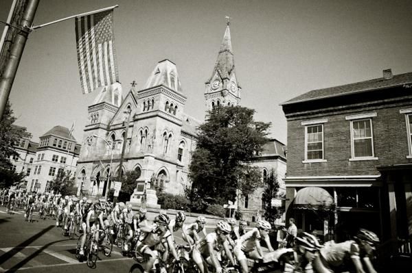 The women's peloton rolls through Hollidaysburg, home of the Slinky.
