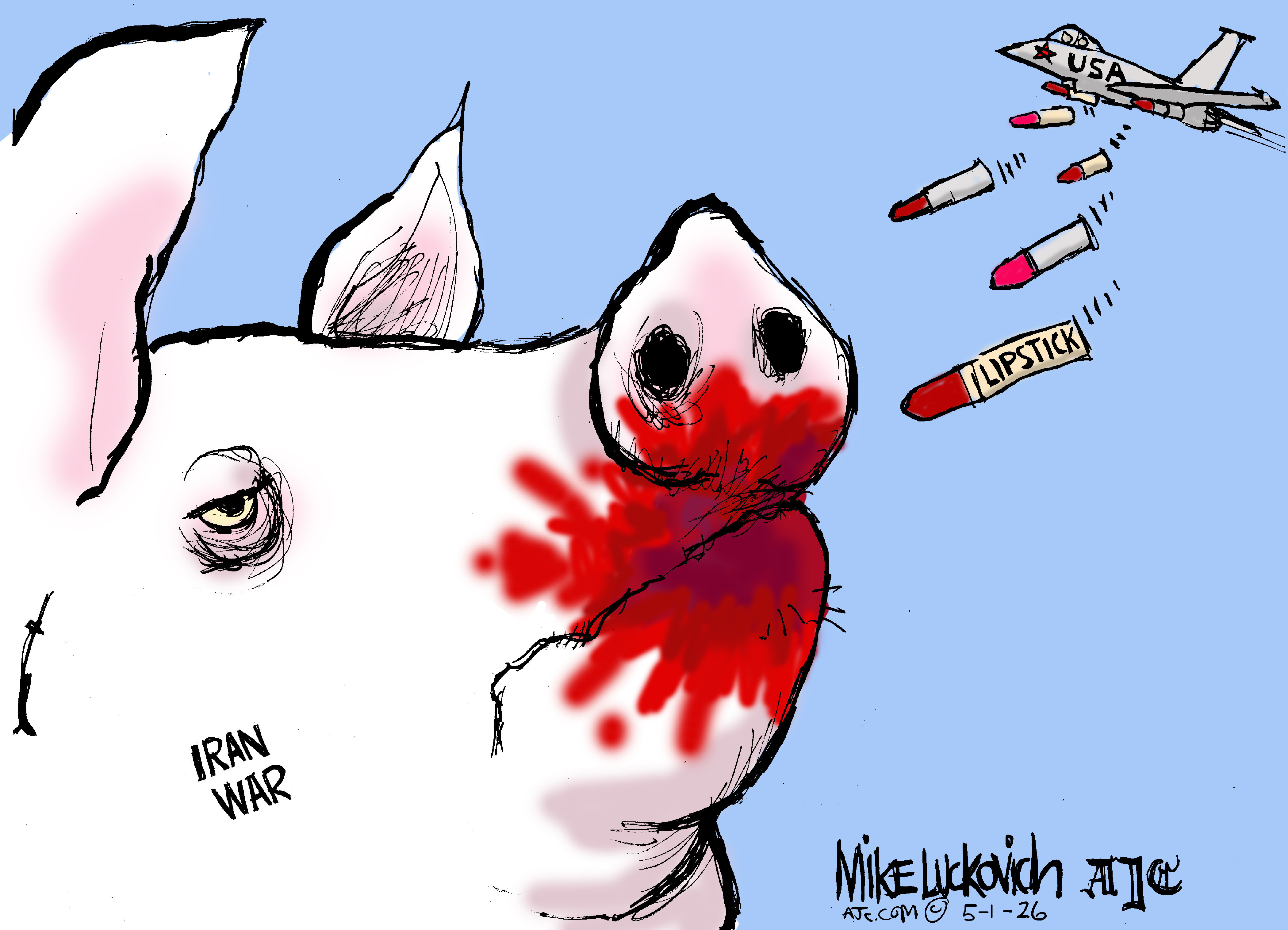 This cartoon depicts the Iran War as a large pig&amp;rsquo;s head. Airplanes fly by and launch lipsticks at this pig, who is coated in a poor makeup job.
