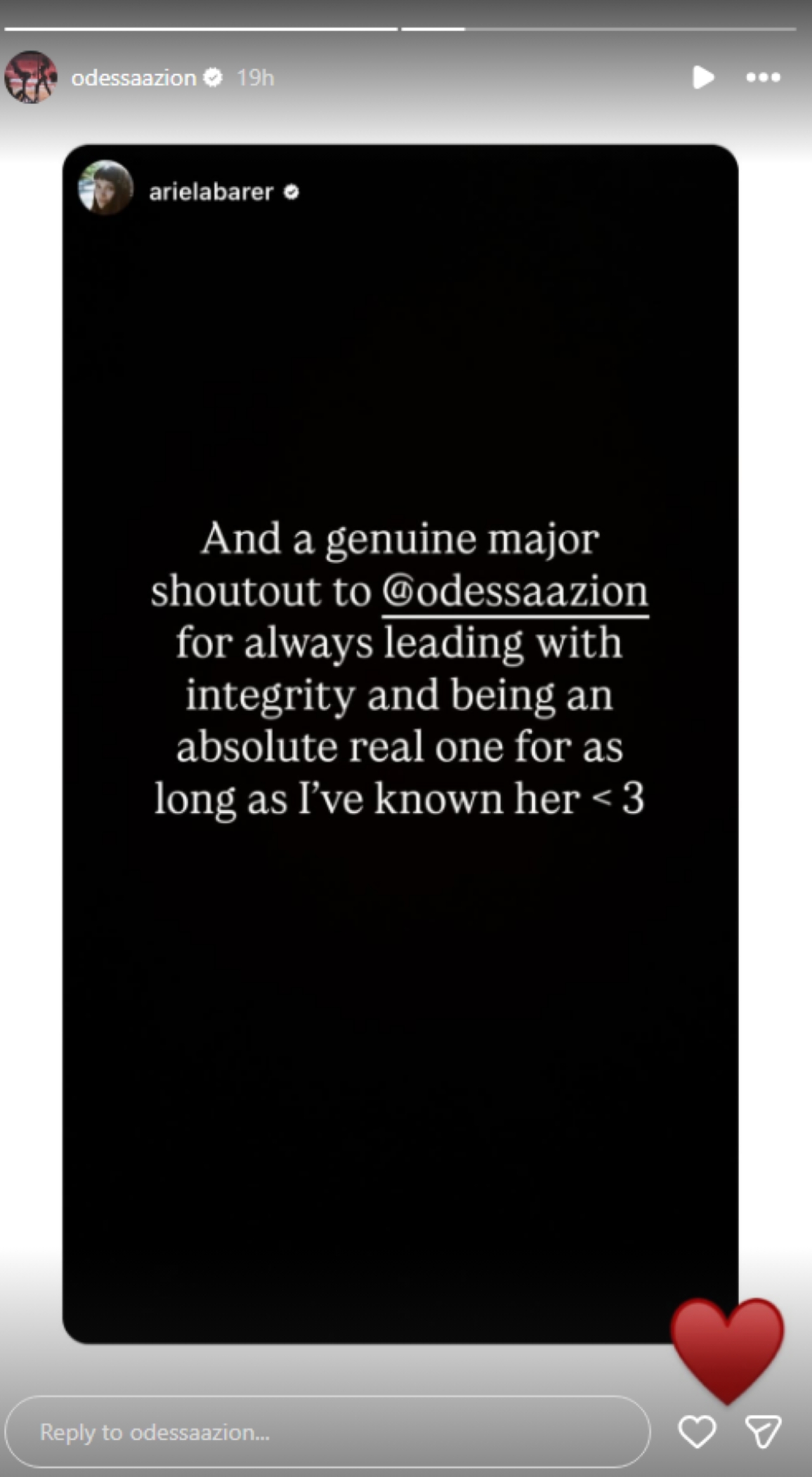 Odessa A'zion responding with a heart to Ariela Barer thanking her for &amp;quot;leading with integrity.&amp;quot;