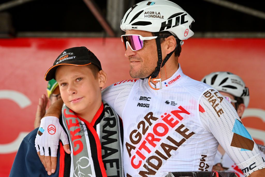 TOURNAI BELGIUM SEPTEMBER 28 Greg Van Avermaet of Belgium and Ag2R Citroen Team with his son prior to the 82nd Circuit FrancoBelge 2023 a 1906km one day race from Tournai to MontdelEnclus on September 28 2023 in Tournai Belgium Photo by Luc ClaessenGetty Images