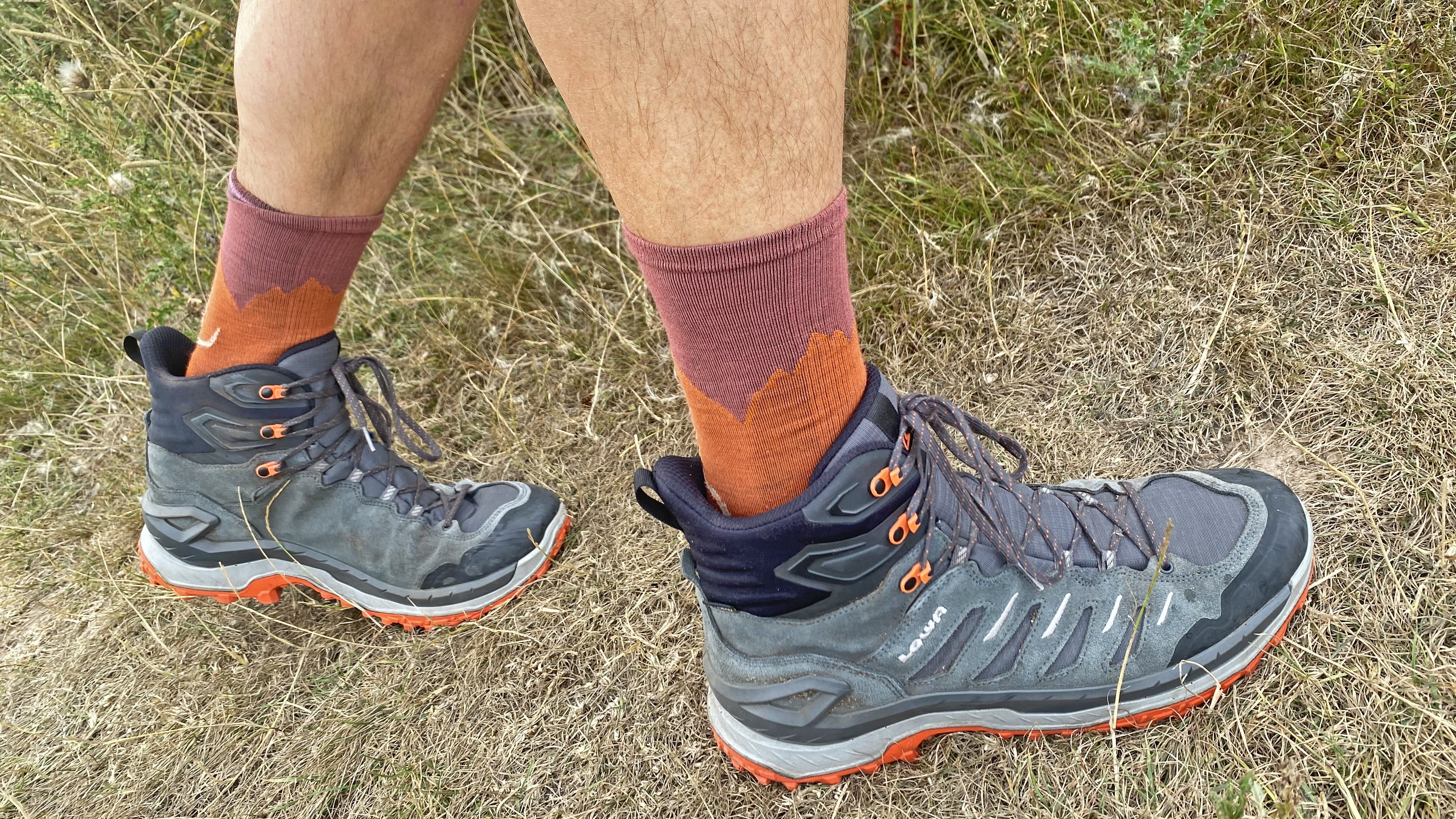 Buff LW Merino Wool hiking socks being worn with boots