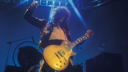 Jimmy Page performs onstage with Led Zeppelin at Earl's Court in London in 1975