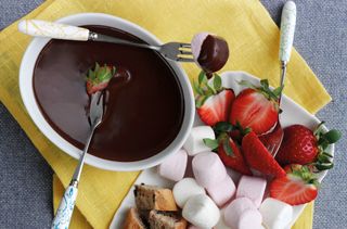 chocolate fondue with strawberries and marshmallows