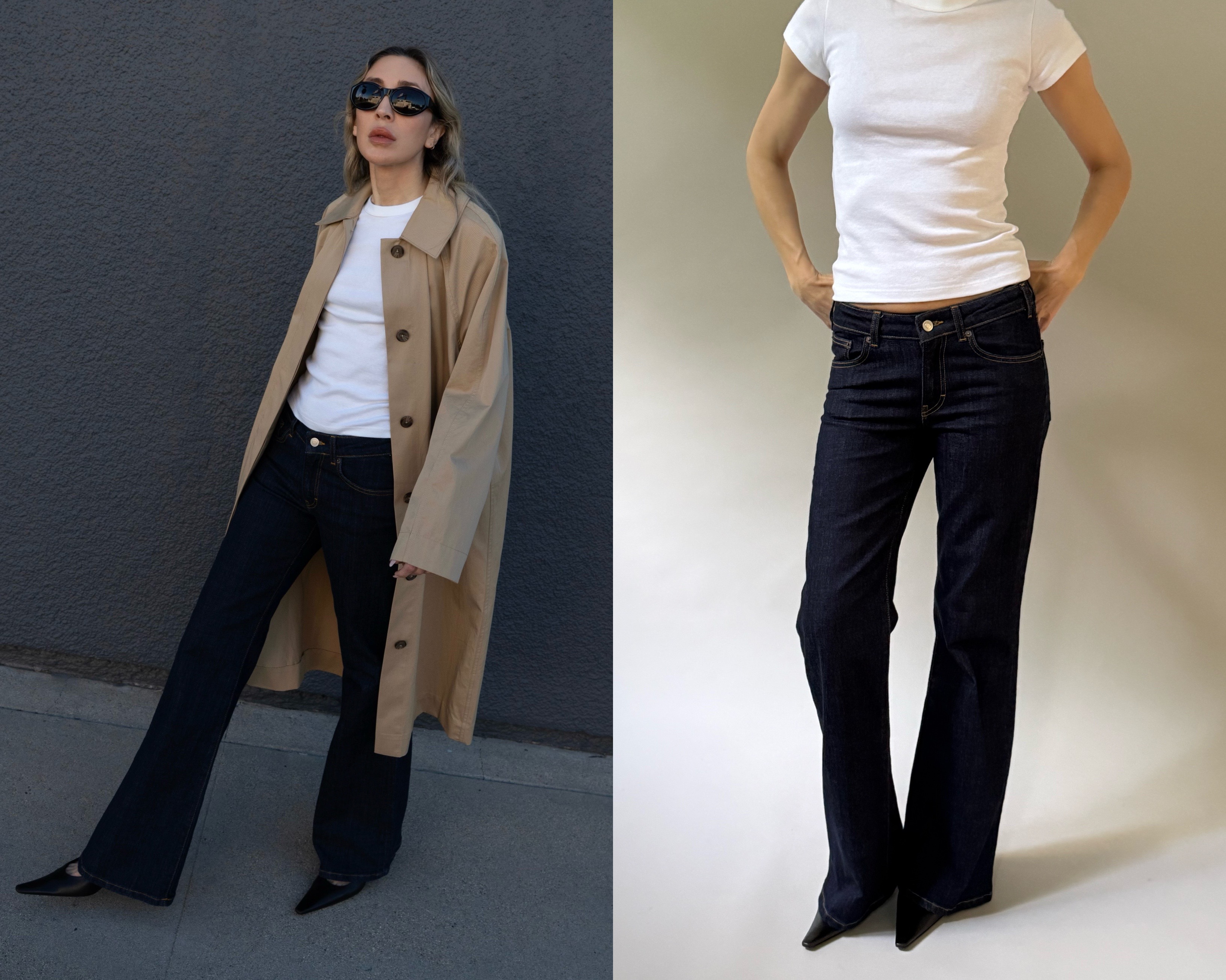 Angela Fink styles dark denim with a classic trench coat