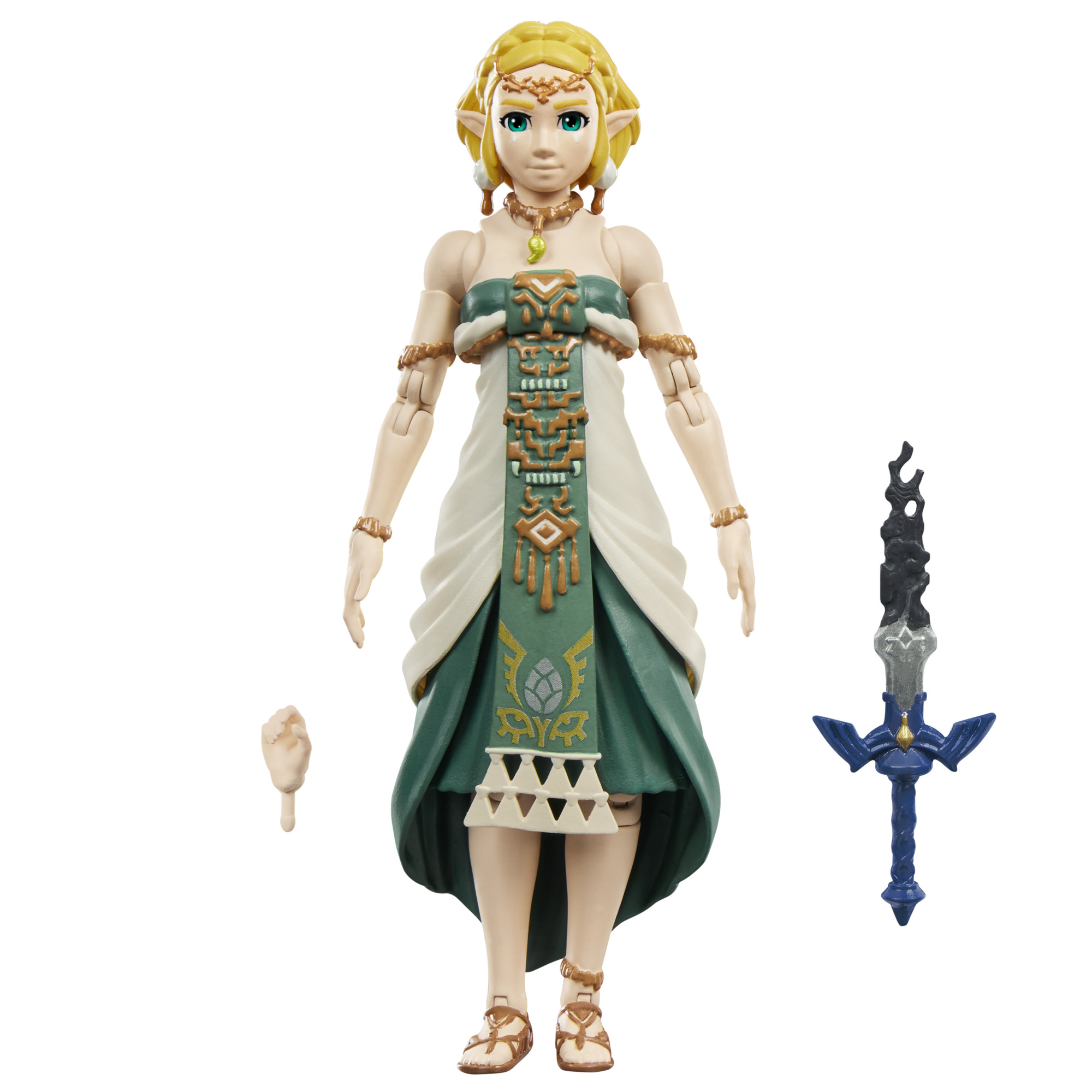 Princess Zelda, a closed hand, and broken Master Sword on a plain background