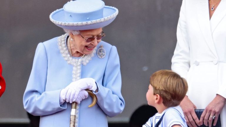 The Queen and her walking stick with Prince Louis