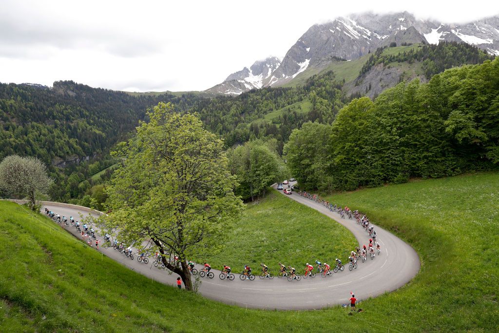 LES GETS FRANCE JUNE 06 Sonny Colbrelli of Italy and Team Bahrain Victorious Green Points Jersey The Peloton passing through Cte DhrySurUgine 982m during the 73rd Critrium du Dauphin 2021 Stage 8 a 147km stage from La LchreLesBains to Les Gets 1160m Landscape Mountains Snow UCIworldtour Dauphin dauphine on June 06 2021 in Les Gets France Photo by Bas CzerwinskiGetty Images
