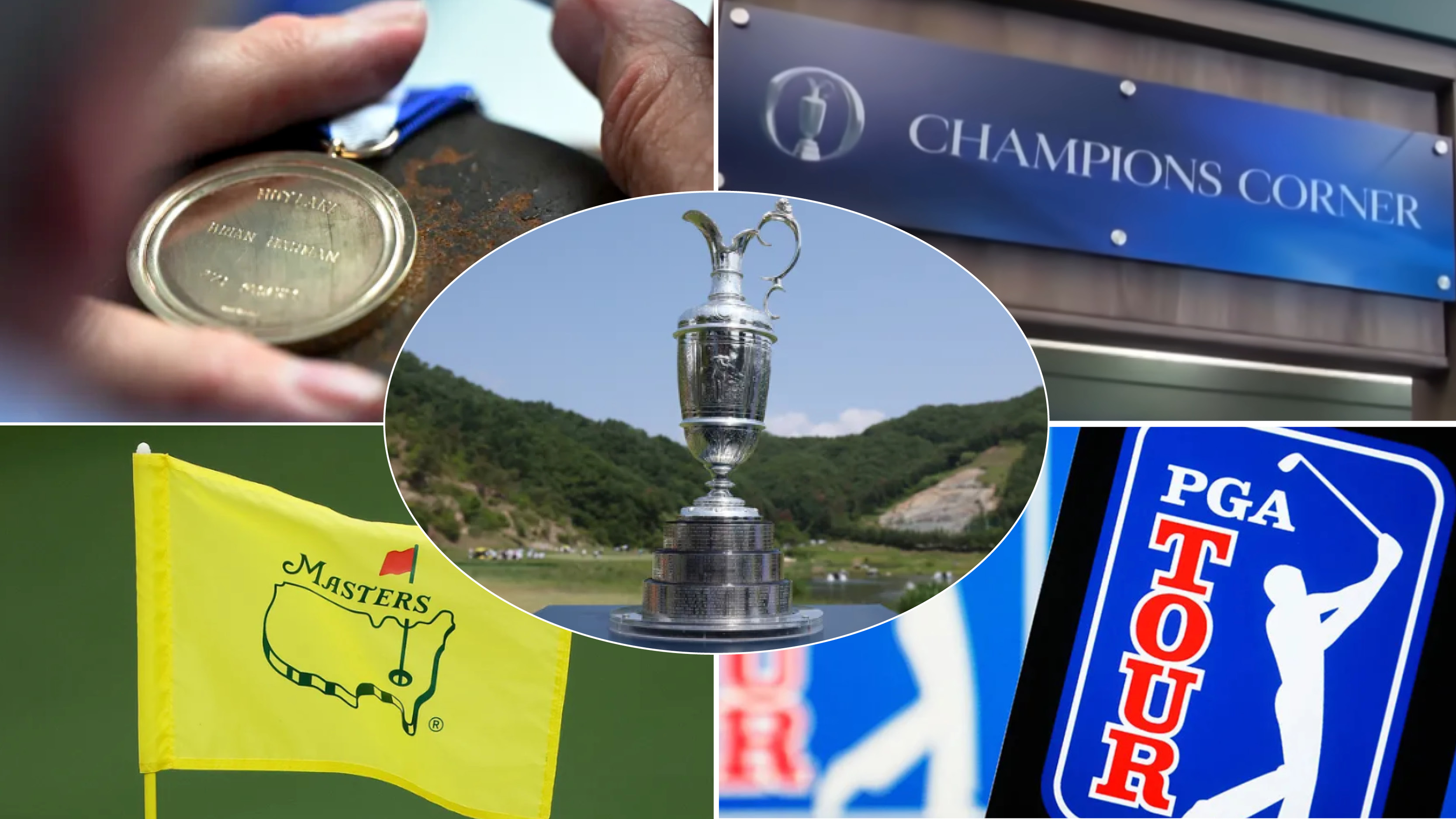 The Claret Jug, gold medal, Champions Corner, Masters flag and PGA Tour logo