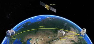 An illustration shows the Micius satellite and the three ground stations with which it communicates.