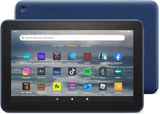 Amazon Fire 7 tablet front and rear view, with screen showing app selection