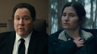 Jon Favreau talking in Deadpool & Wolverine/Kathryn Hahn looking on in Agatha All Along