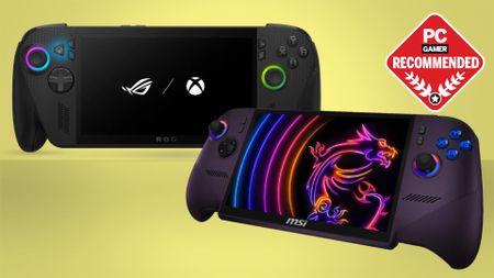 Two handheld gaming PCs on a yellow background with the PC Gamer Recommended badge in the top right