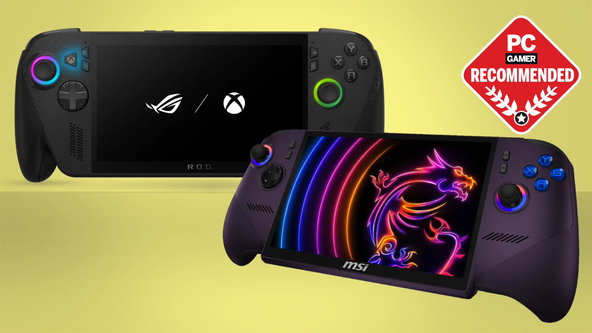 Two handheld gaming PCs on a yellow background with the PC Gamer Recommended badge in the top right