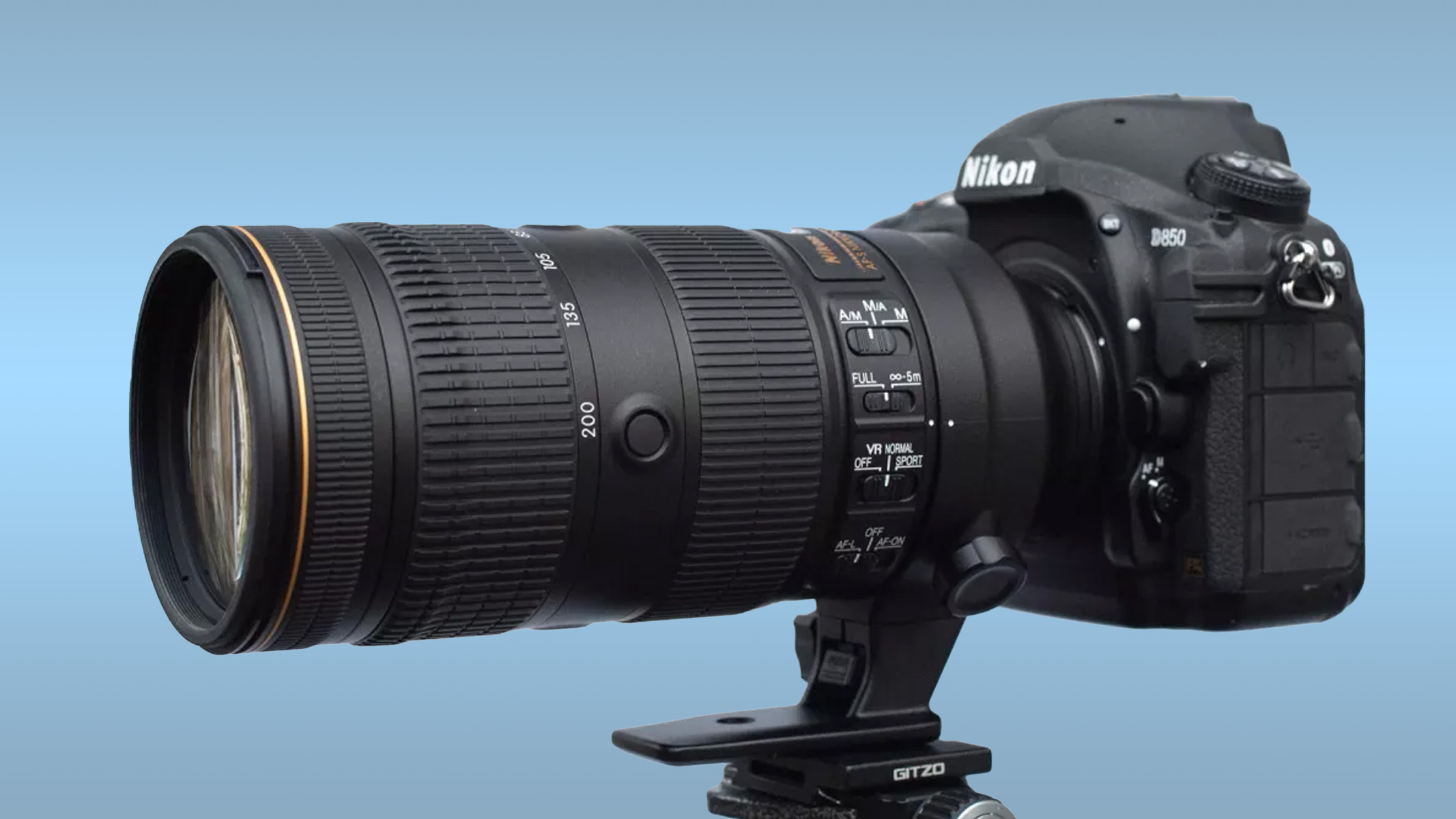 Nikon 70-200mm f/2.8 FL ED VR lens on a tripod