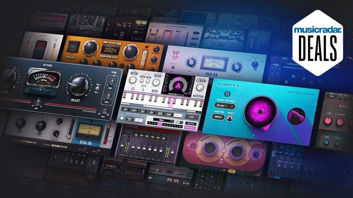 A variety of Waves plugins at an angle on a blue background