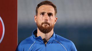 Jan Oblak of Slovenia during the line up for the national anthems prior to the UEFA EURO 2024 European qualifier match between San Marino and Slovenia at San Marino Stadium on September 10, 2023 in San Marino, San Marino.