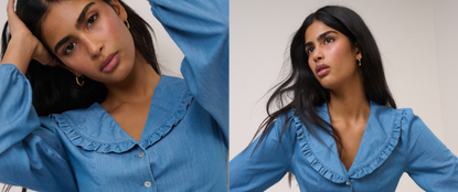 Two images of a model wearing a denim collared shirt sold at Nobody's Child