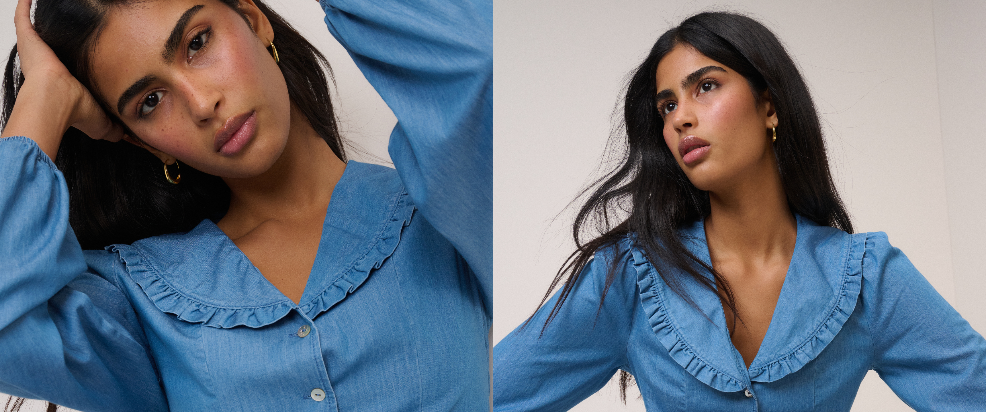 Two images of a model wearing a denim collared shirt sold at Nobody's Child