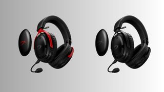 The HyperX Cloud III S Wireless (in black and red) on a black and white gradient