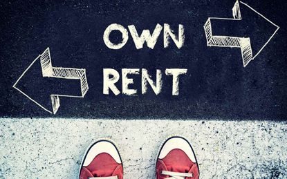 A sign on a sidewalk with arrows pointing towards owning or renting.