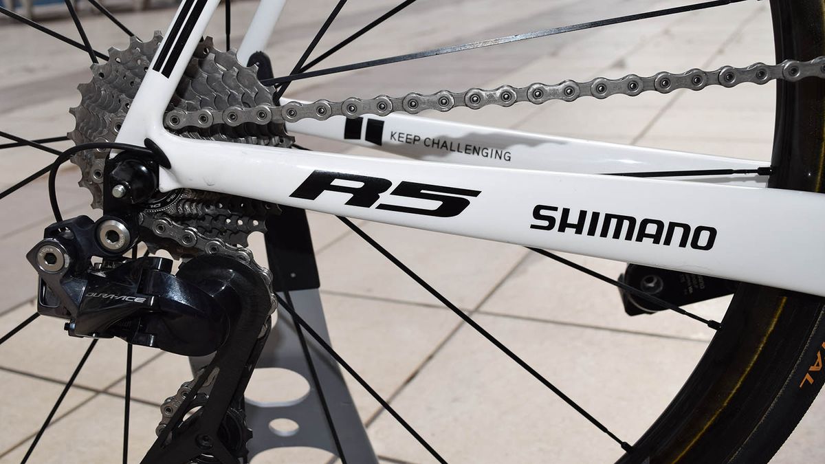 Black decals stand out on the white chainstays
