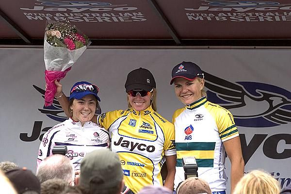 The women's podium (l-r): Chloe Hosking (2nd,MB Cycles), Rochelle Gilomore (1st,Honda) and Kirsty Broun (3rd,Jayco/AIS).