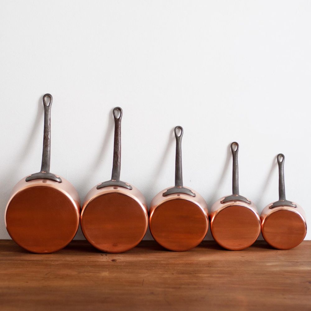 Vintage French Copper Pots Pans, Set of 5