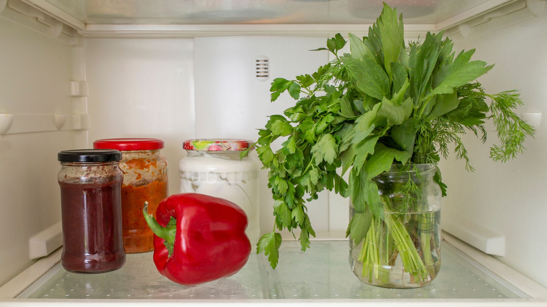 Bunch of herbs in a fridge