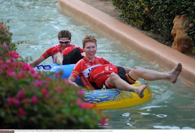 Lotto Belisol's Jurgen Roelandts and Marcel Sieberg enjoy a bit of tubing