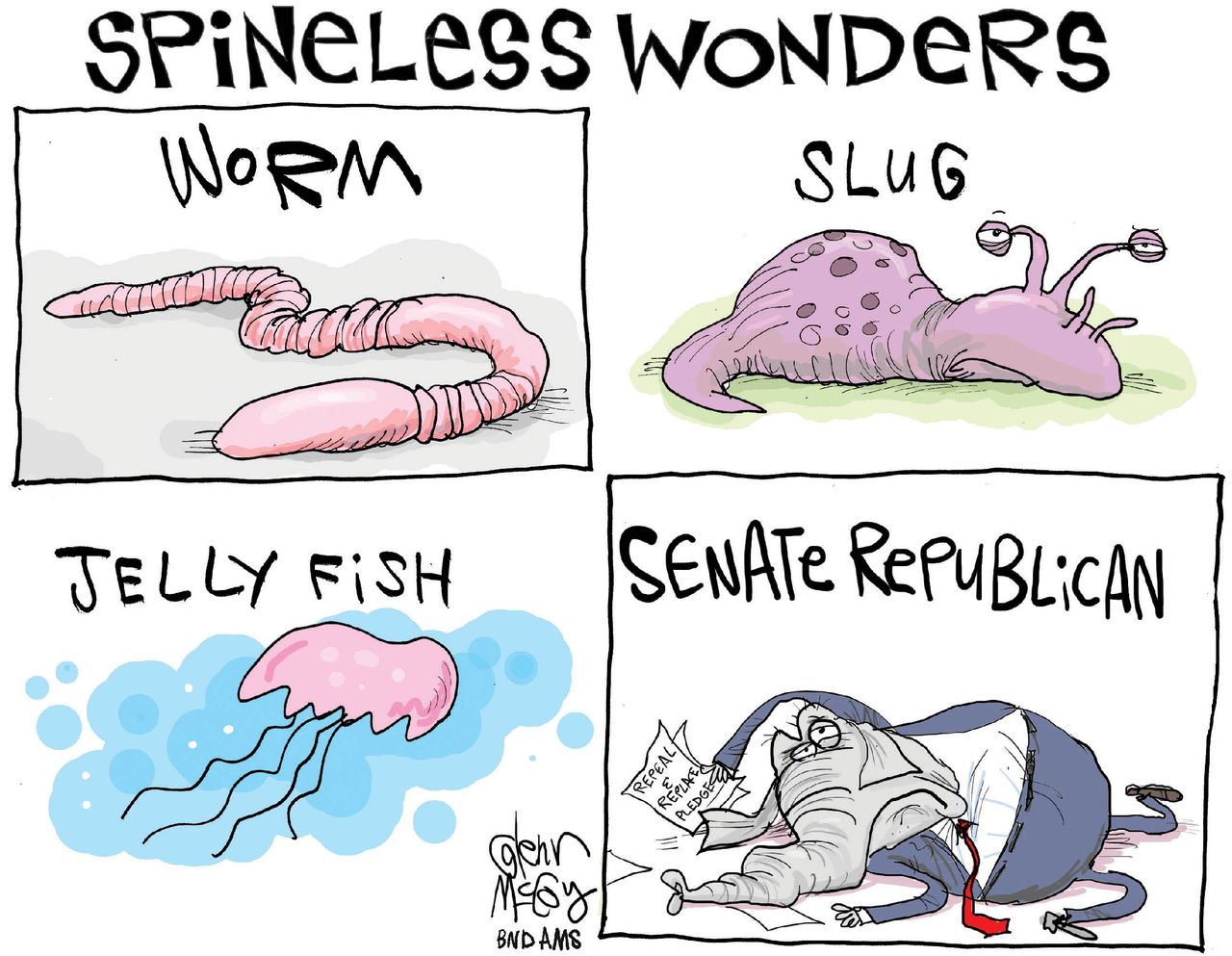 Political cartoon U.S. Senate Republicans spineless health care