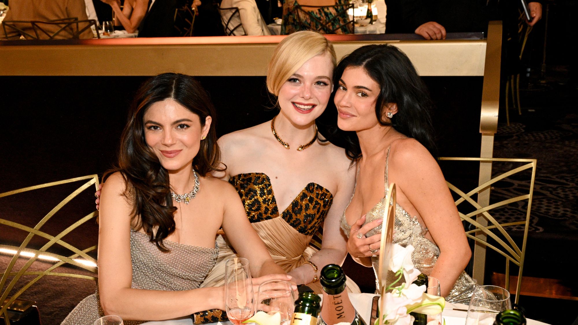 Monica Barbaro, Elle Fanning and Kylie Jenner attend the 82nd Annual Golden Globe Awards