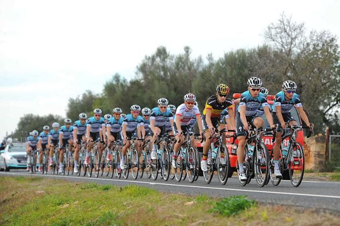 The 2013 Omega Pharma - Quickstep team trains in the new kit.