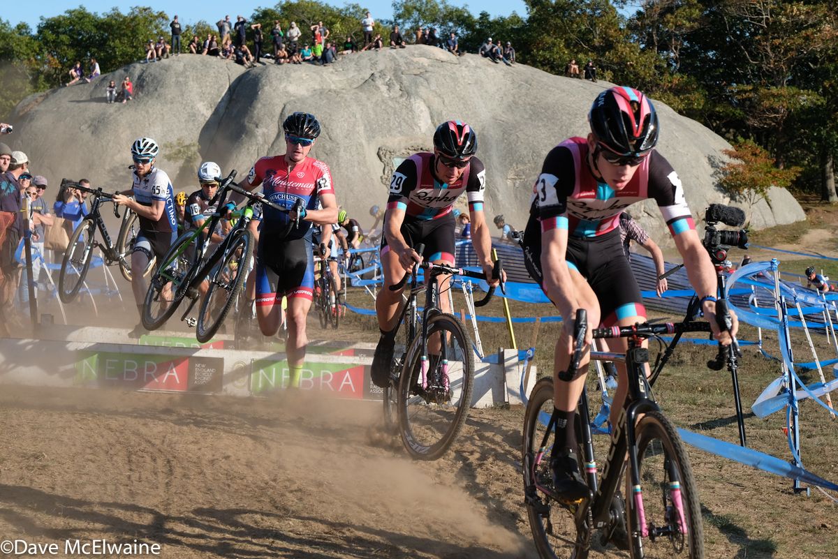 Jeremy Powers following his Aspire Racing team-mate Spencer Petrov through the mayhem at the first set of barriers