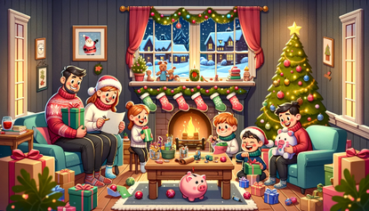 A cartoon-style image depicting a family saving money on toys for Christmas. The scene is set in a cosy, holiday-decorated living room with a family wrapping homemade toys and gifts with a piggy bank in the middle