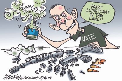 Political Cartoon U.S. Trump Tweets Gun Lubricant Hate