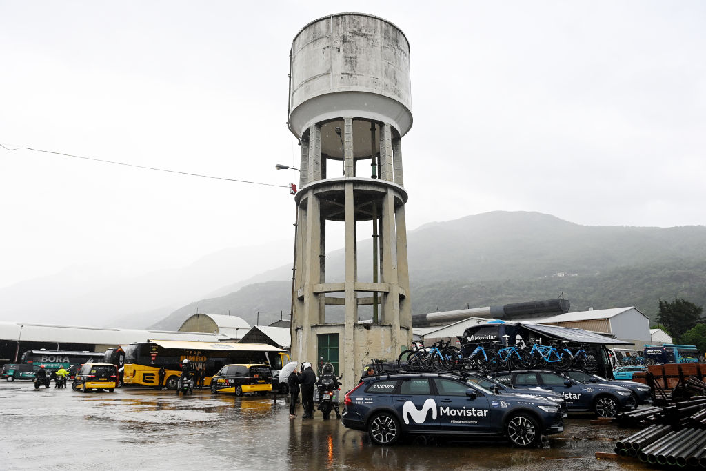 CRANSMONTANA SWITZERLAND MAY 19 Movistar Team cars on their way to the new start localisation during the 106th Giro dItalia 2023 Stage 13 a 75km stage from Le Chable to CransMontana Valais 1456m Stage shortened due to the adverse weather conditions UCIWT on May 19 2023 in CransMontana Switzerland Photo by Tim de WaeleGetty Images