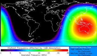 a map showing a large bright red region over Australia and Southeast Asia representing shortwave radio blackouts at the time of the solar flare.