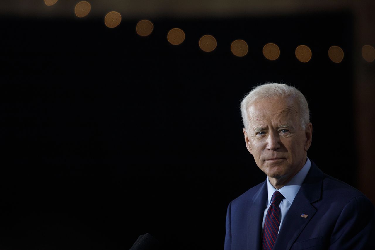 Biden talks to a crowd in Iowa