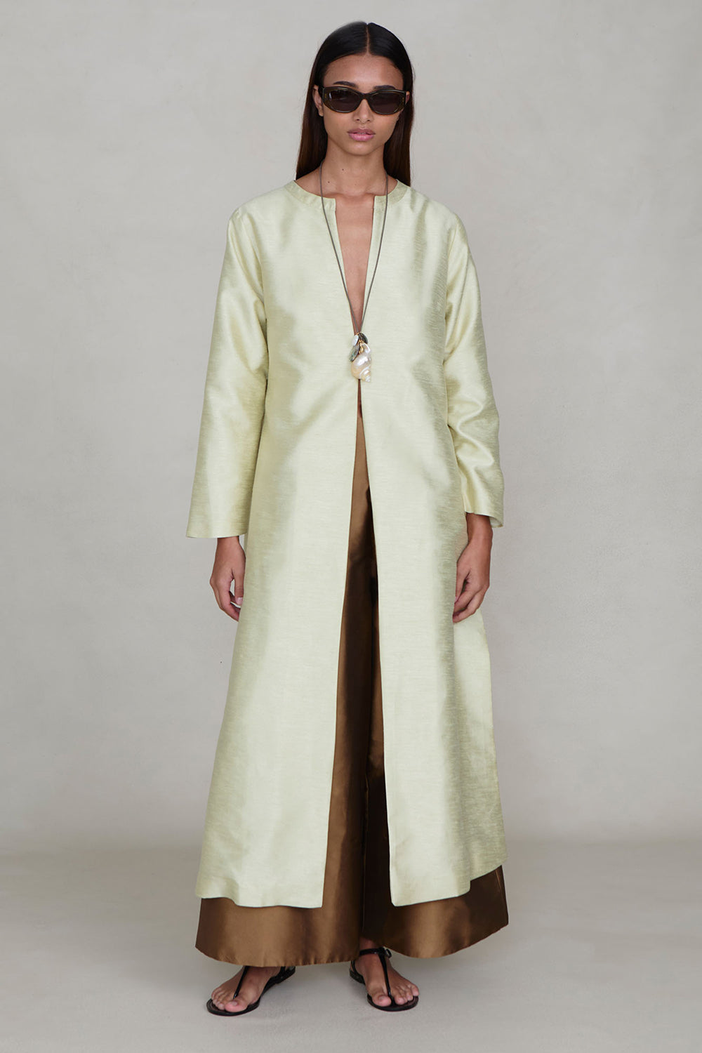 Dupioni Collarless Coat Translucent Green