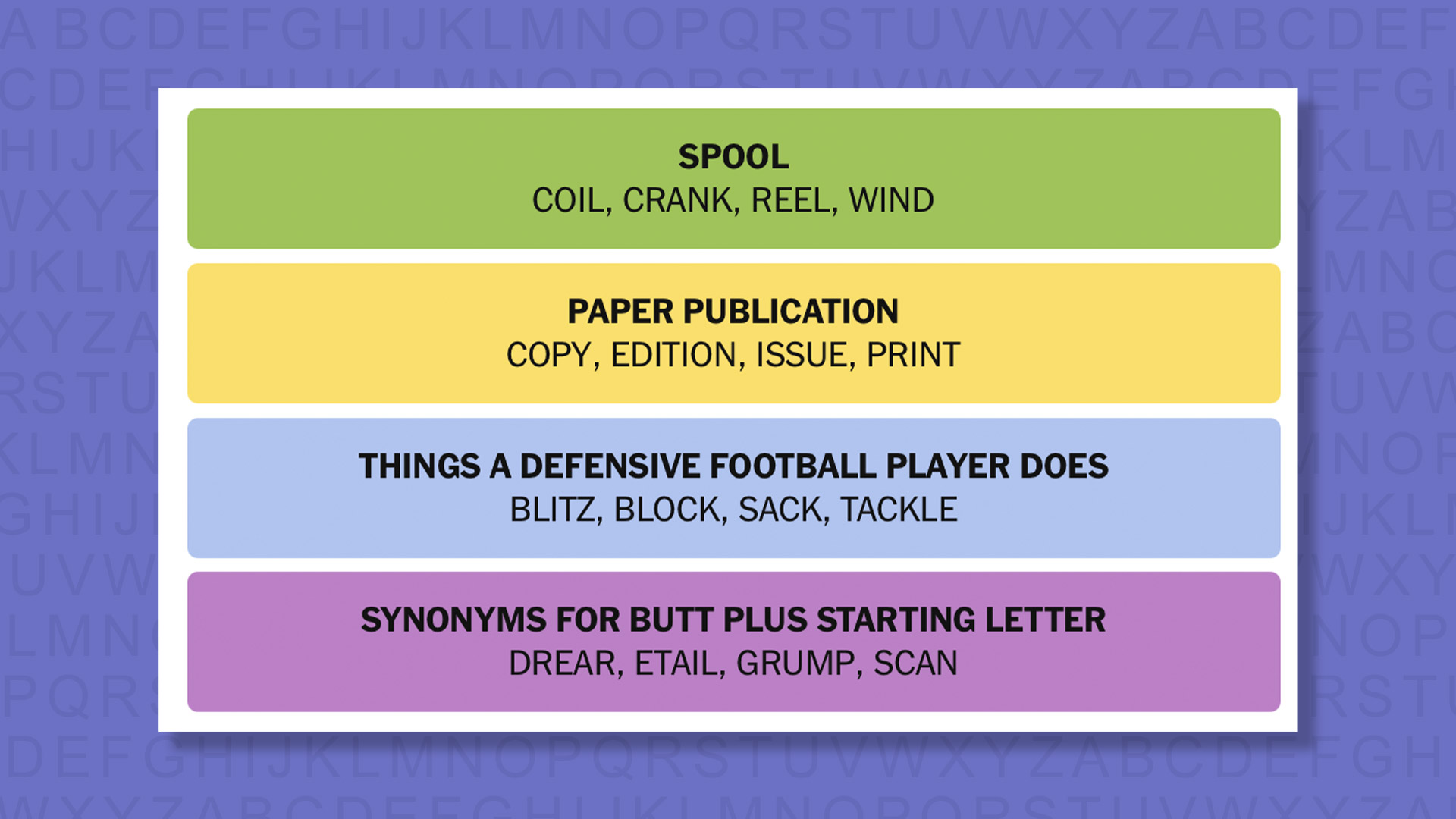 NYT Connections answers for game 938 on a purple background