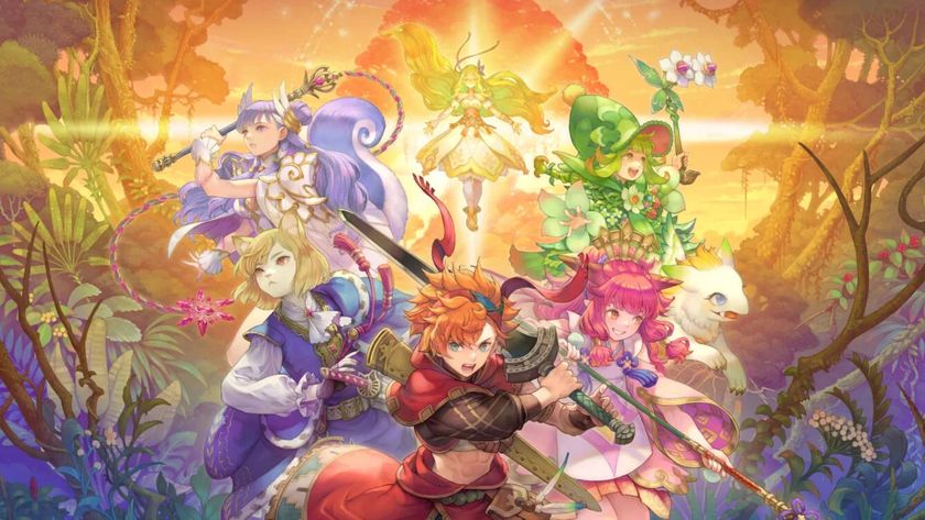 Key art for Visions of Mana, showing a group of characters facing towards the camera against a vibrant orange background.