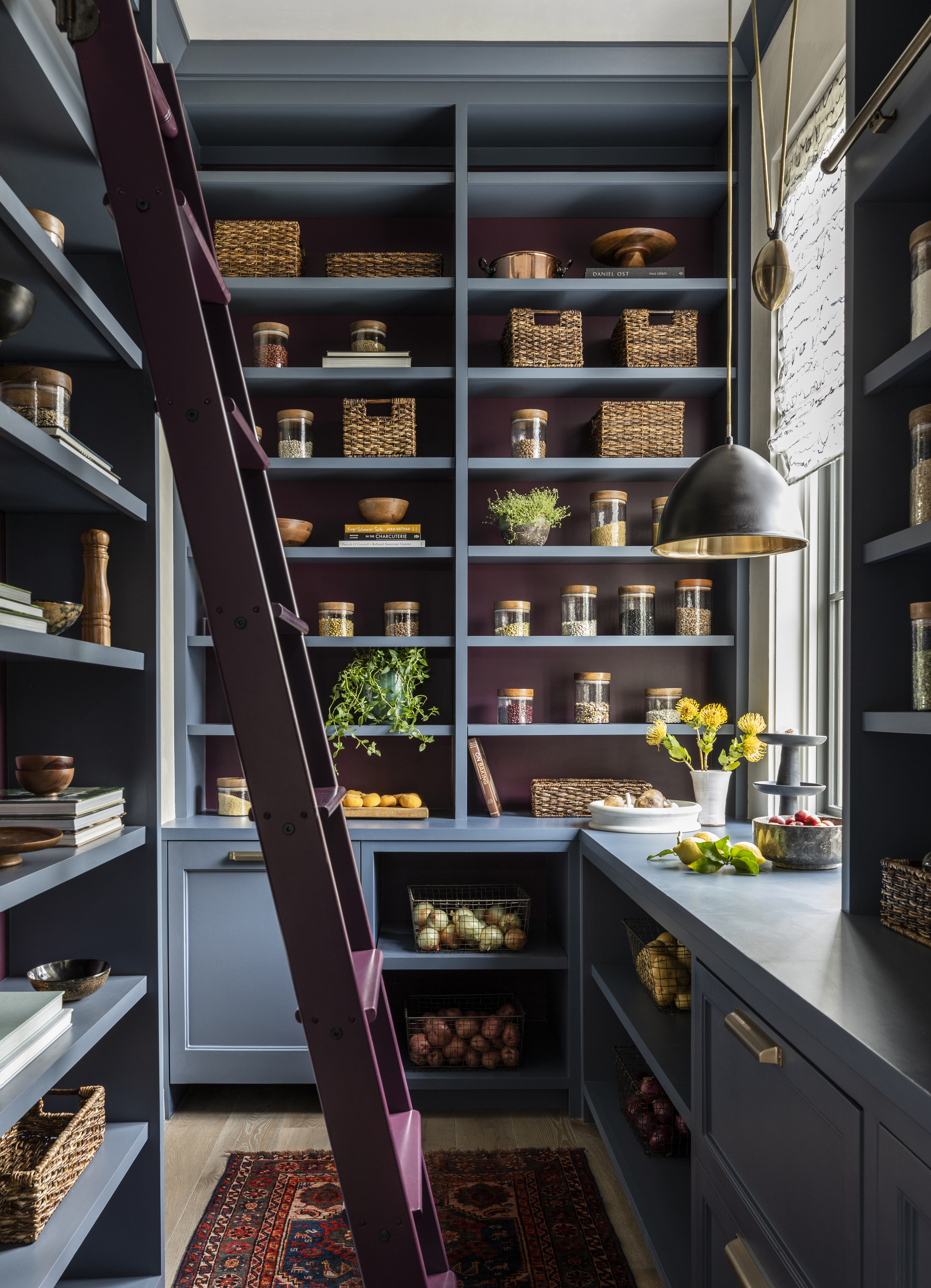 A kitchen pantry in deep tones