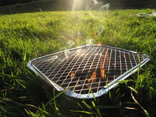 A lit disposable BBQ on the grass in a park.