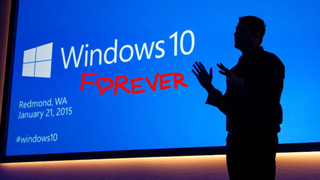 Windows 10 launch event screen with shadow of presenter in front of it